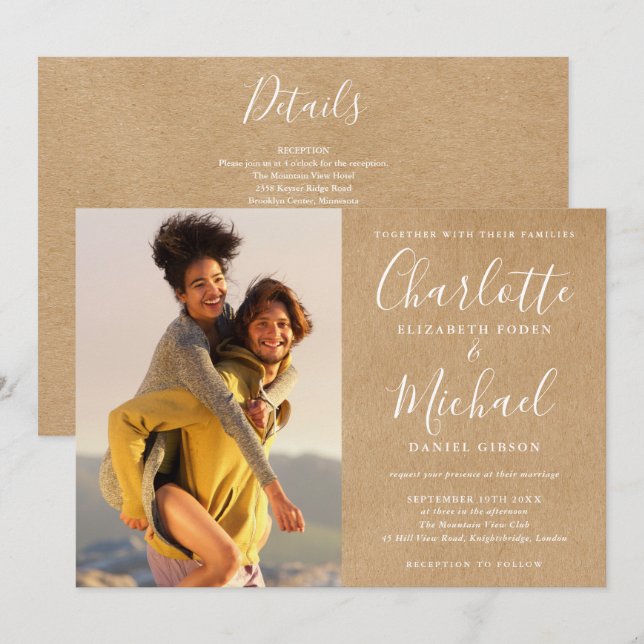 Invitación Rustic Kraft Script Foto Boda Todo Incluido (Anverso / Reverso)