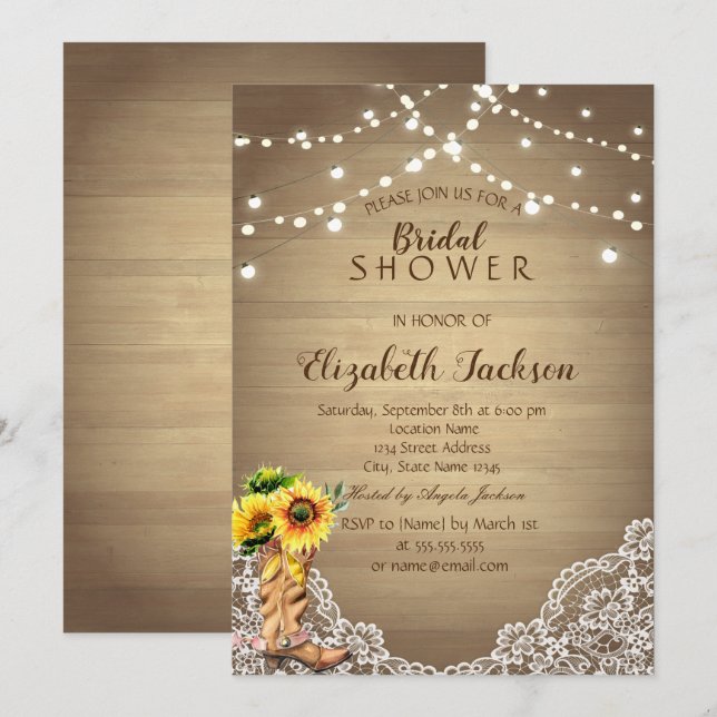 Invitación Rustic, Lace, Boooooflower Wood Bridal Shower (Anverso / Reverso)
