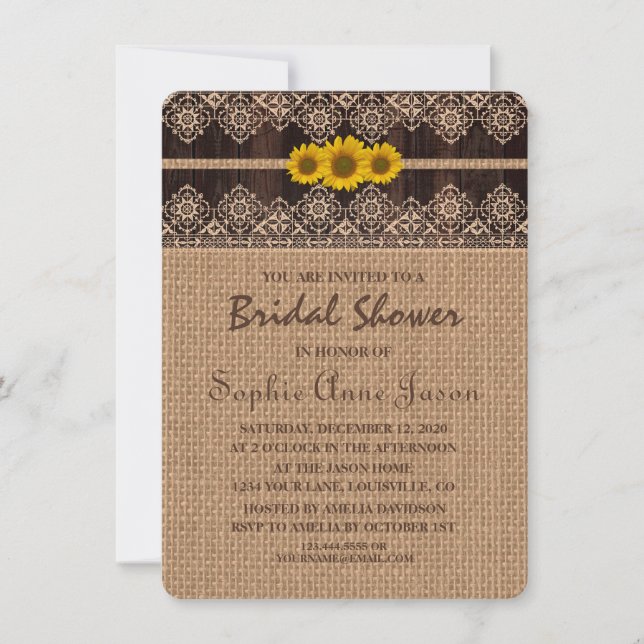 Invitación Rustic Lace Burlap Wood Bridal Shower (Anverso)