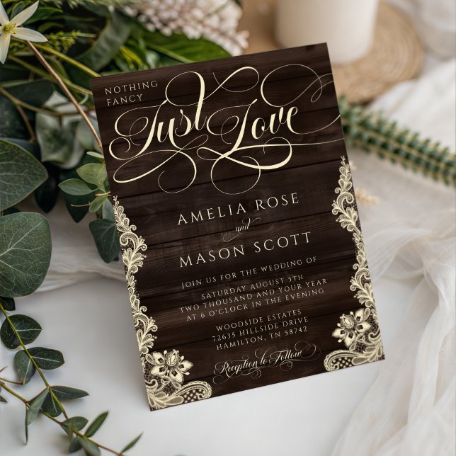 Invitación Rustic Lace Dark Wood Just Love Script Wedding (Rustic Lace Dark Wood Nothing Fancy Just Love Script Wedding Invitation)