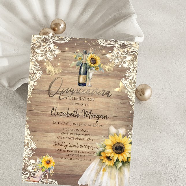 Invitación Rustic Lace,Dress,Lights,Sunflowers Quinceañera  (Subido por el creador)