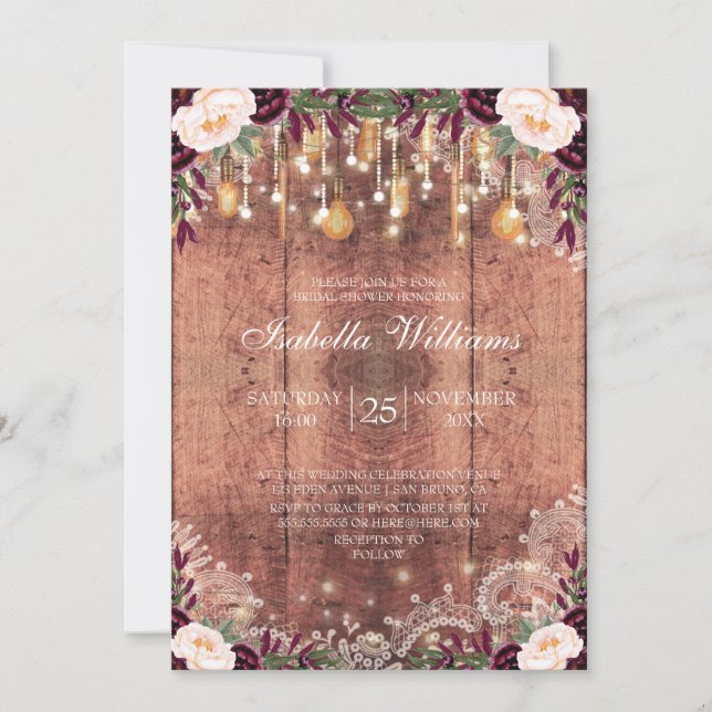 Invitación Rustic Lace Wood String Lights |Ducha de novia (Anverso)