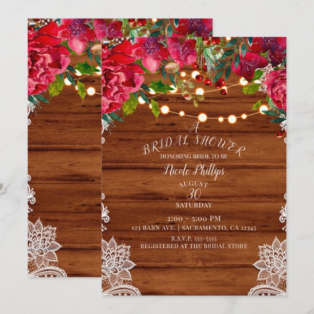 Invitación Rustic Lace y Luces de Cuerda Fiesta de Despedida  (Anverso / Reverso)