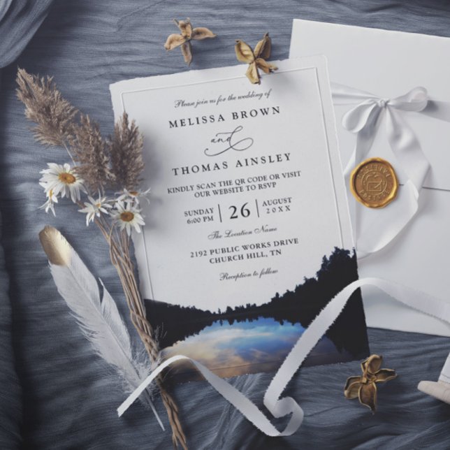 Invitación Rustic Lake Reflections Lakeside QR Code Wedding (Subido por el creador)