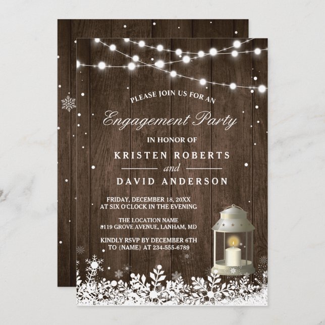 Invitación Rustic Lantern Snowflakes Invierno Engagement Part (Anverso / Reverso)