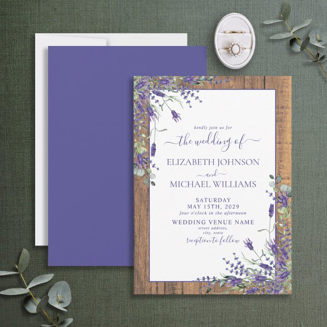 Invitación Rustic Lavender Eucalyptus Wood Script Wedding (Subido por el creador)