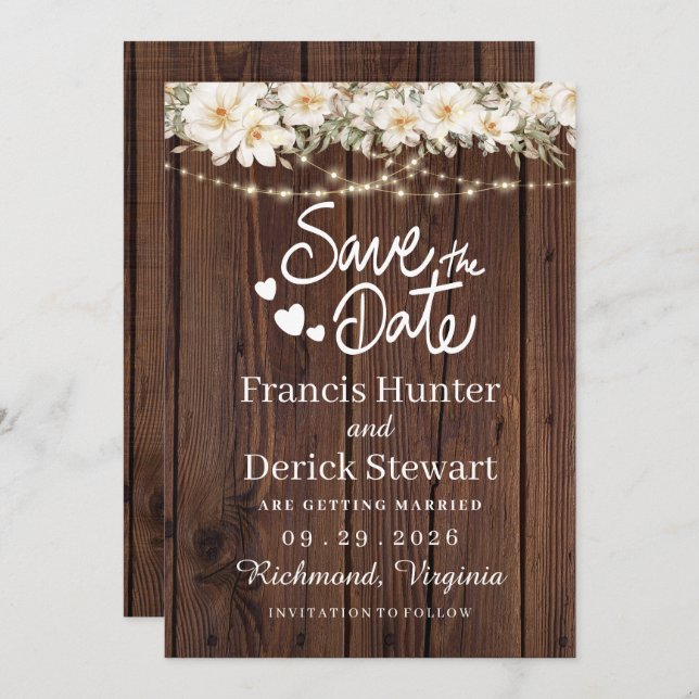 Invitación Rustic Leaf String ilumina Wood Save The Date (Anverso / Reverso)