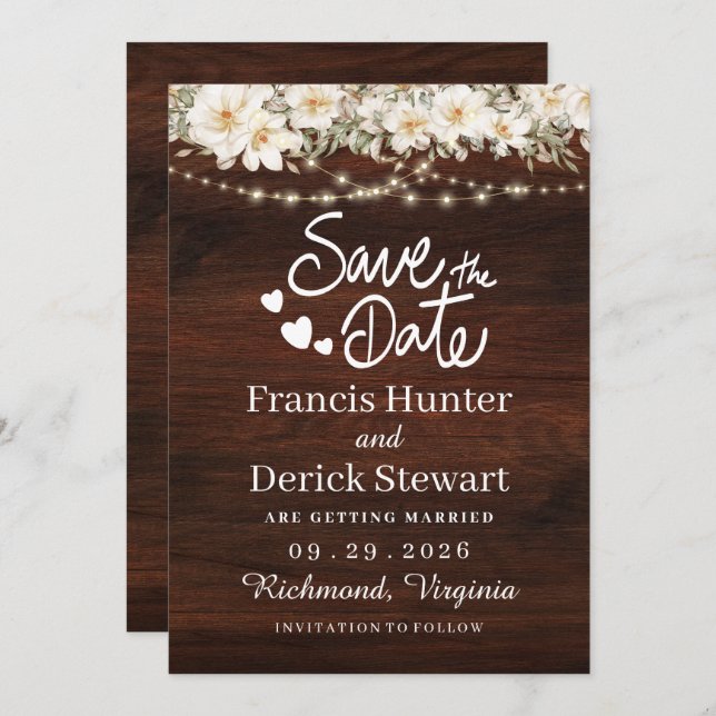 Invitación Rustic Leaf String ilumina Wood Save The Date (Anverso / Reverso)
