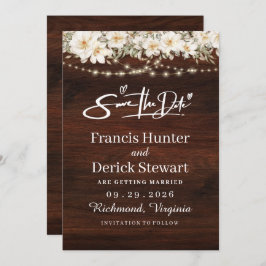 Invitación Rustic Leaf String ilumina Wood Save The Date