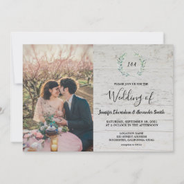 Invitación Rustic leaves on barn wood monogram photo Wedding