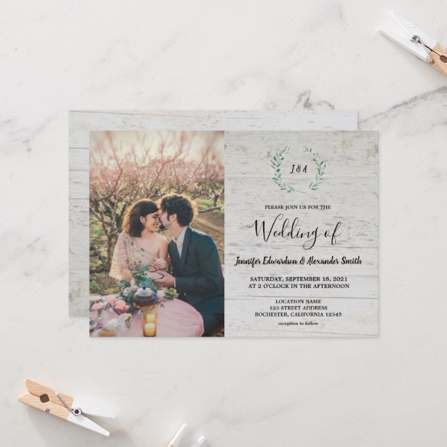 Invitación Rustic leaves on barn wood monogram photo Wedding (Anverso/Reverso In Situ)