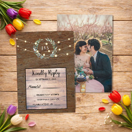 Invitación Rustic leaves wood string lights Wedding RSVP 