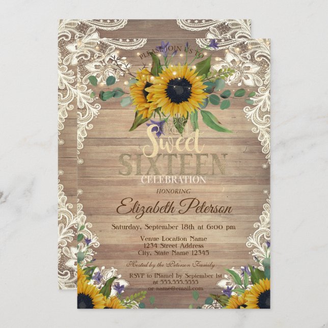Invitación Rustic Lights,Lace Sunflowers Sweet 16 Party (Anverso / Reverso)