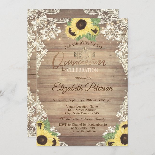 Invitación Rustic Lights,Tiara,Lace Sunflowers Quinceañera (Anverso / Reverso)