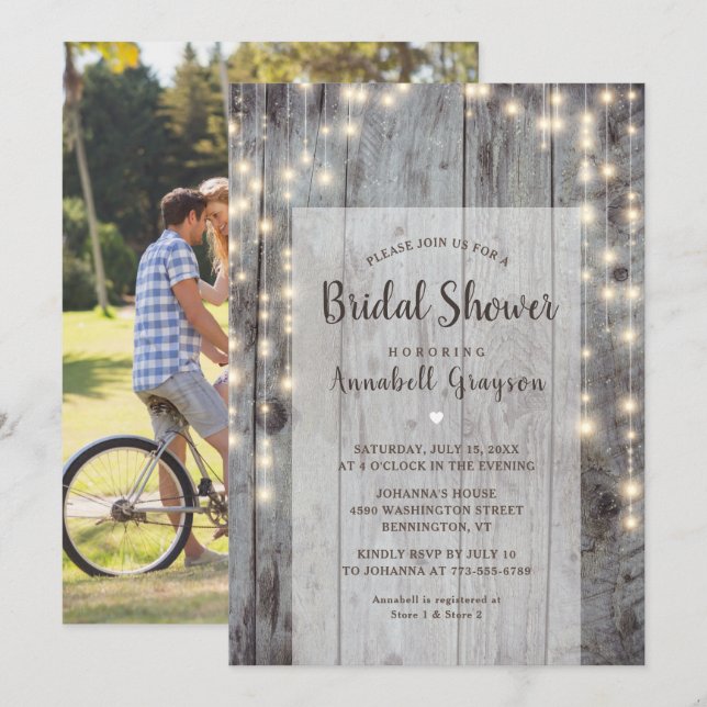 Invitación Rustic Lights Wood Photo Bridal Shower (Anverso / Reverso)