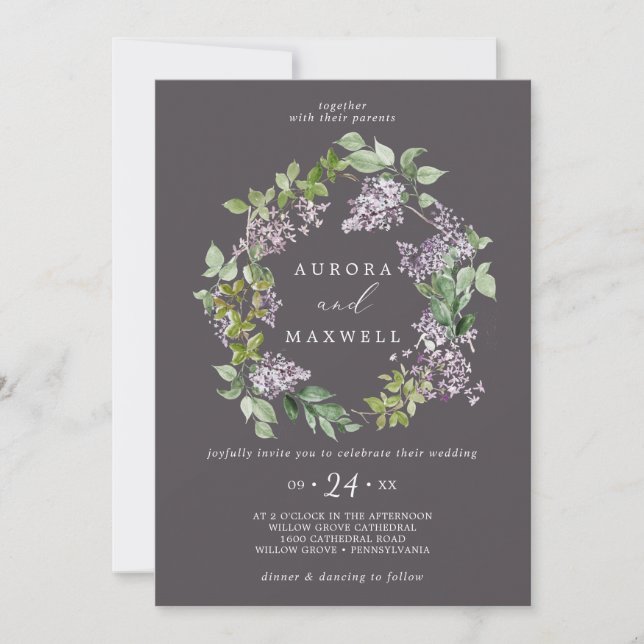 Invitación Rustic Lilac | Boda Gray Wreath (Anverso)