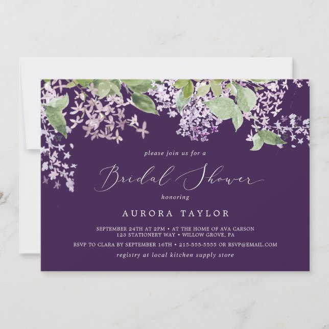 Invitación Rustic Lilac | Ducha Morada Horizontal Británica (Anverso)