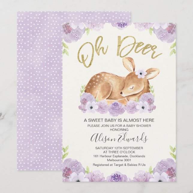 Invitación Rustic Lilac Floral Deer Baby Shower (Anverso / Reverso)