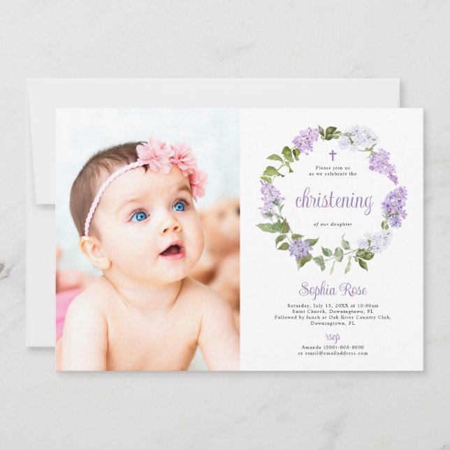 Invitación Rustic Lilac Flowers Photo Girl Christening (Anverso)