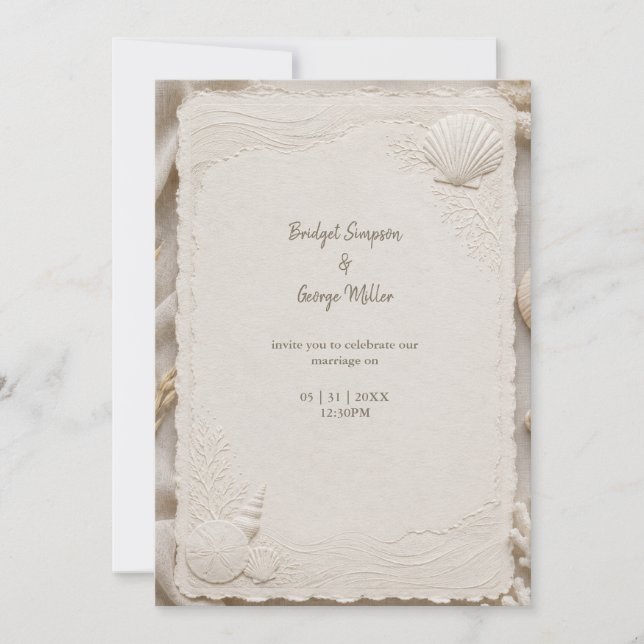 Invitación Rustic Linen Coastal Wedding Seashells (Anverso)