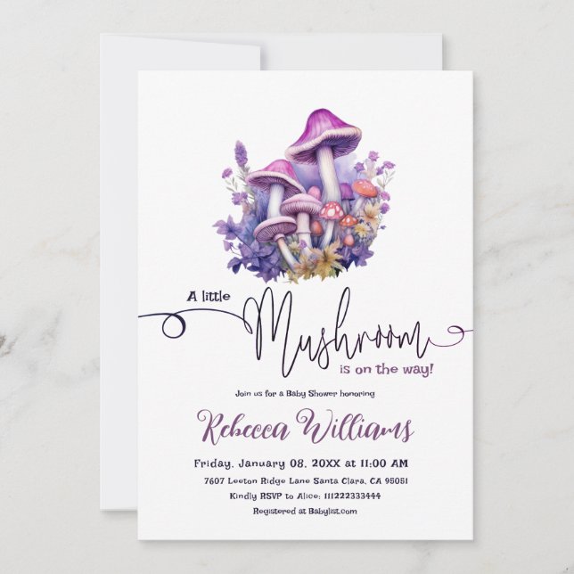Invitación Rustic Little Mushroom Purple Woodland Baby Shower (Anverso)
