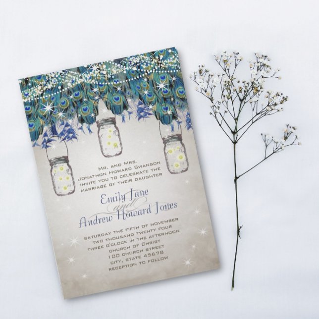 Invitación Rustic Luxe Mason Jar Navy Turquoise Peacock (Subido por el creador)