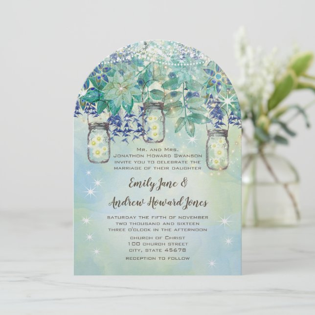 Invitación Rustic Luxe Navy Gold Green Mason Jar (Anverso de pie)