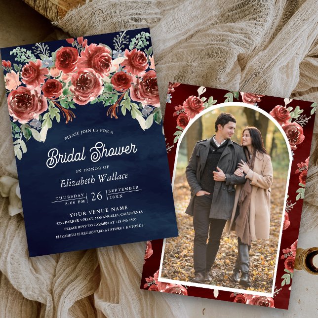 Invitación Rustic Marsala Floral Photo Navy Shower (Subido por el creador)