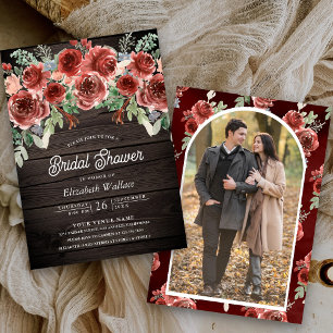 Invitación Rustic Marsala Floral Photo Wood Bridal Shower