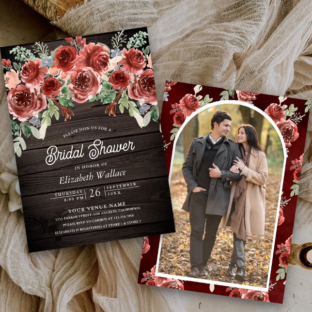 Invitación Rustic Marsala Floral Photo Wood Bridal Shower (Subido por el creador)