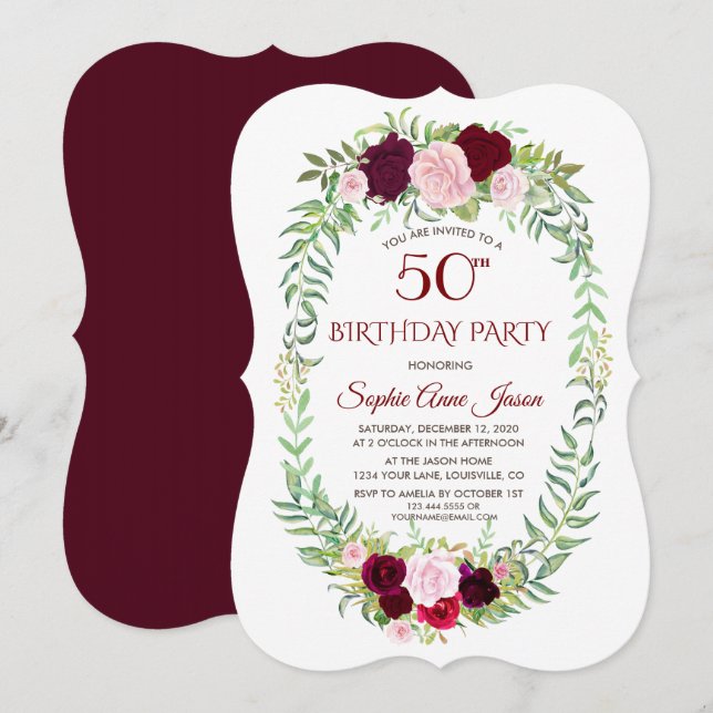 Invitación Rustic Marsala Floral Wreath 50 cumpleaños (Anverso / Reverso)