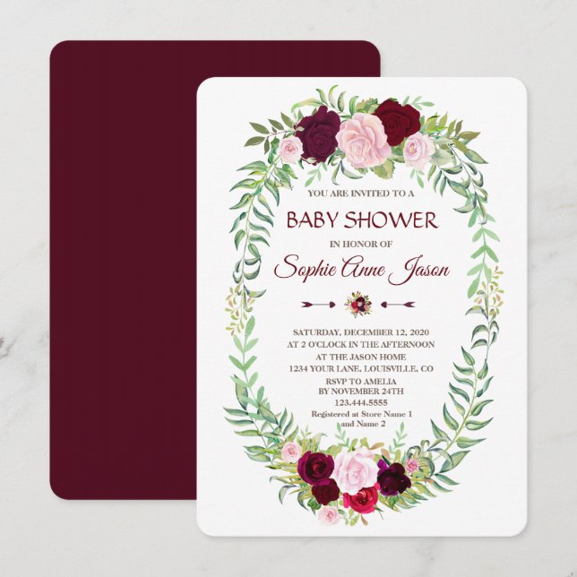 Invitación Rustic Marsala Floral Wreath Baby Shower (Anverso / Reverso)