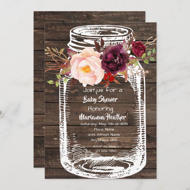 Invitación Rustic Mason Jar Boho Floral Marsala Baby Shower I (Anverso / Reverso)
