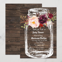 Invitación Rustic Mason Jar Boho Floral Marsala Baby Shower I