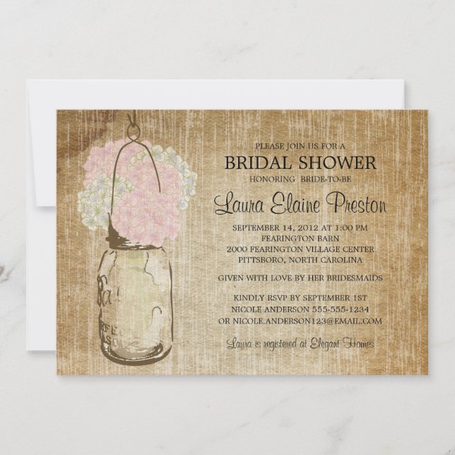 Invitación Rustic Mason Jar e Hydrangeas (Anverso)