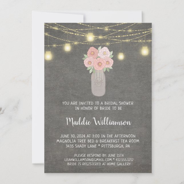 Invitación Rustic Mason Jar Floral Luces Británicas Ducha (Anverso)