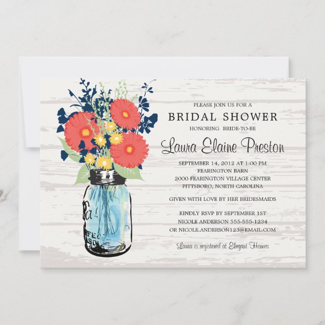 Invitación Rustic Mason Jar Gerber Daisies Bridal Shower (Anverso)