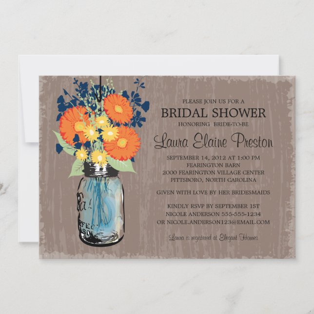 Invitación Rustic Mason Jar Gerber Daisies Bridal Shower (Anverso)