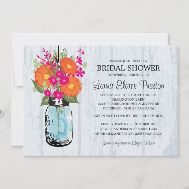 Invitación Rustic Mason Jar Gerber Daisies Bridal Shower (Anverso)