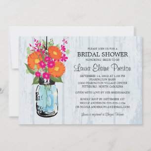 Invitación Rustic Mason Jar Gerber Daisies Bridal Shower