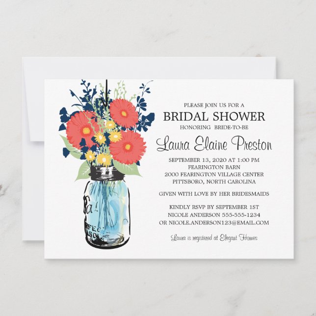 Invitación Rustic Mason Jar Gerbera Daisies Bridal Shower (Anverso)