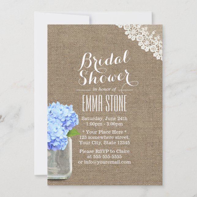 Invitación Rustic Mason Jar Hydrangea Burlap Bridal Shower (Anverso)