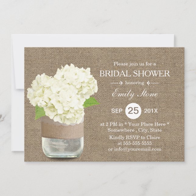 Invitación Rustic Mason Jar & Hydrangea Burlap Bridal Shower (Anverso)