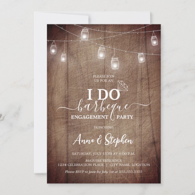 Invitación Rustic Mason Jar Light I Do BBQ Engagement Party (Anverso)