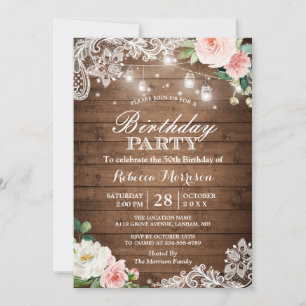 Invitación Rustic Mason Jar Lights Lace Floral Birday Party