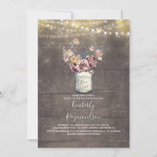 Invitación Rustic Mason Jar Mauve y Gold Baby Shower (Anverso)