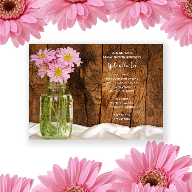 Invitación Rustic Mason Jar Pink Daisies Barn Bridal Shower (Subido por el creador)