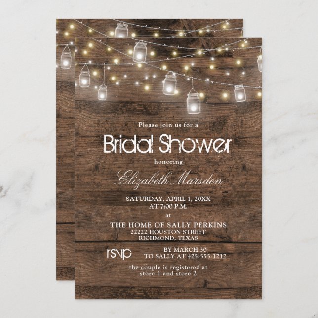 Invitación Rustic Mason Jar String enciende ducha de novia (Anverso / Reverso)