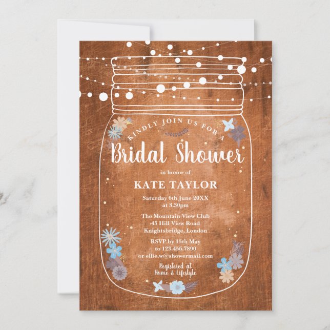 Invitación Rustic Mason Jar String enciende ducha de novia (Anverso)