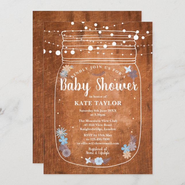 Invitación Rustic Mason Jar String ilumina Baby Shower (Anverso / Reverso)